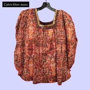 Calvin Klein NEW Artistic Modernism Abstract Gold Speckle Square-Neck Top S